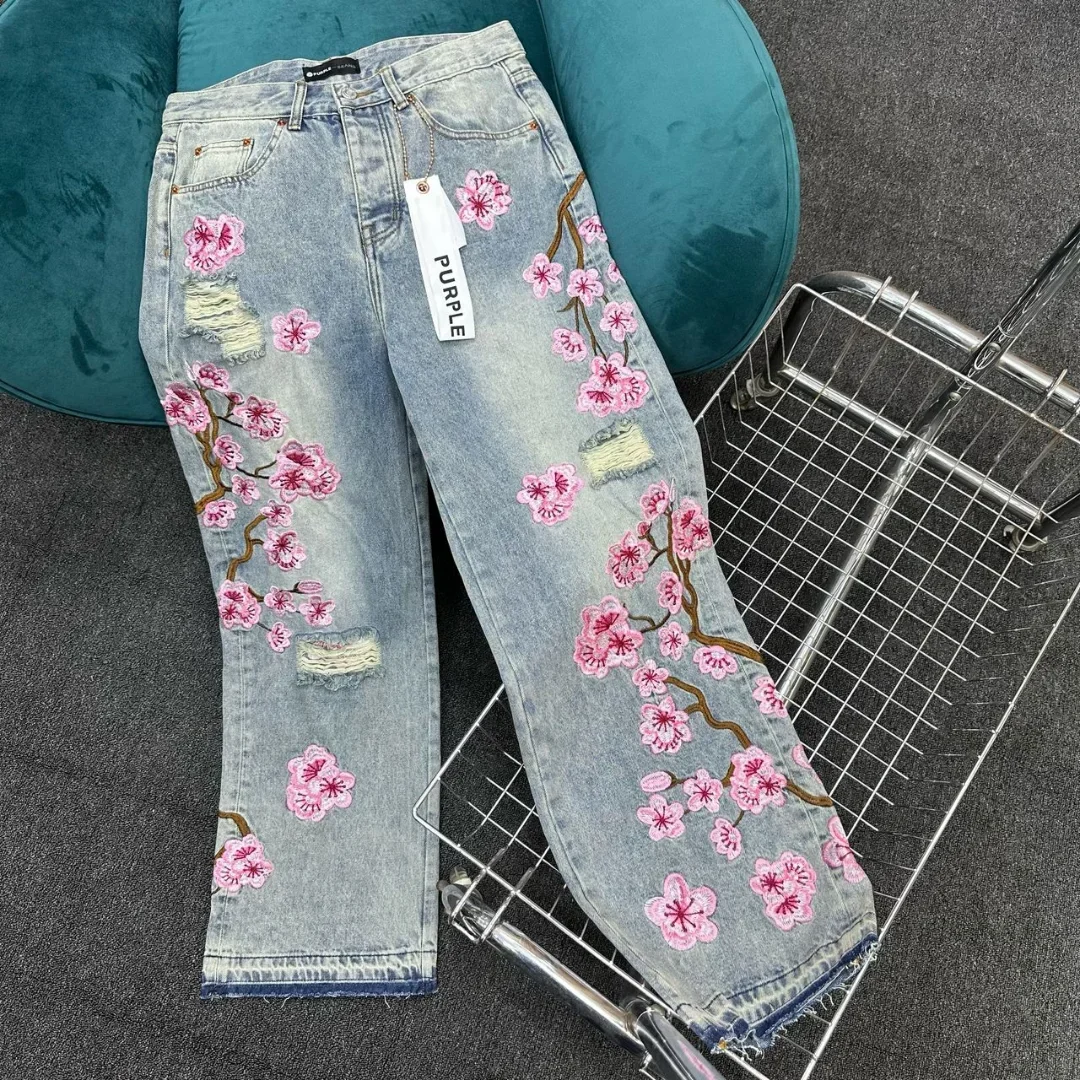 Y2k Harajuku Retro Jeans Men Women Hip Hop Cherry Blossom Embroidery Blue Loose Jeans Gothic Fashion Low Waist Wide Leg Pants 2