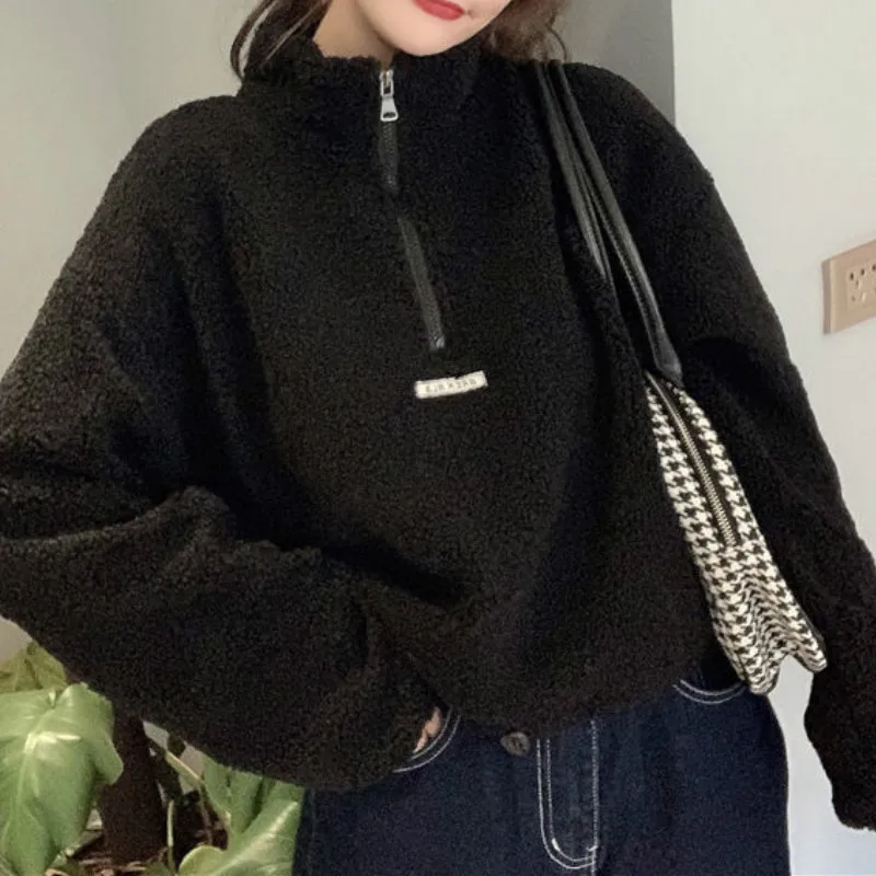 Long Sleeve Sweatshirt Winter Women Autumn Hoodies Lamb Velvet Short Hooded Female Fashion Loose Plus Velvet Thick Solid Tops