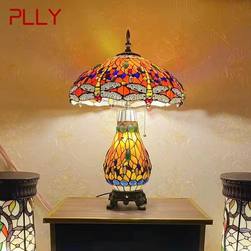 

PLLY Tiffany Table Lamp American Retro Living Room Bedroom Lamp Luxurious Villa Hotel Stained Glass Desk Lamp