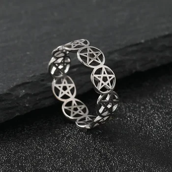 YILUOCD Stainless Steel Pentacle Ring Geometric Pentagram Ring for Women Wicca Protection Amulet Hollow Star Christmas Jewelry 1