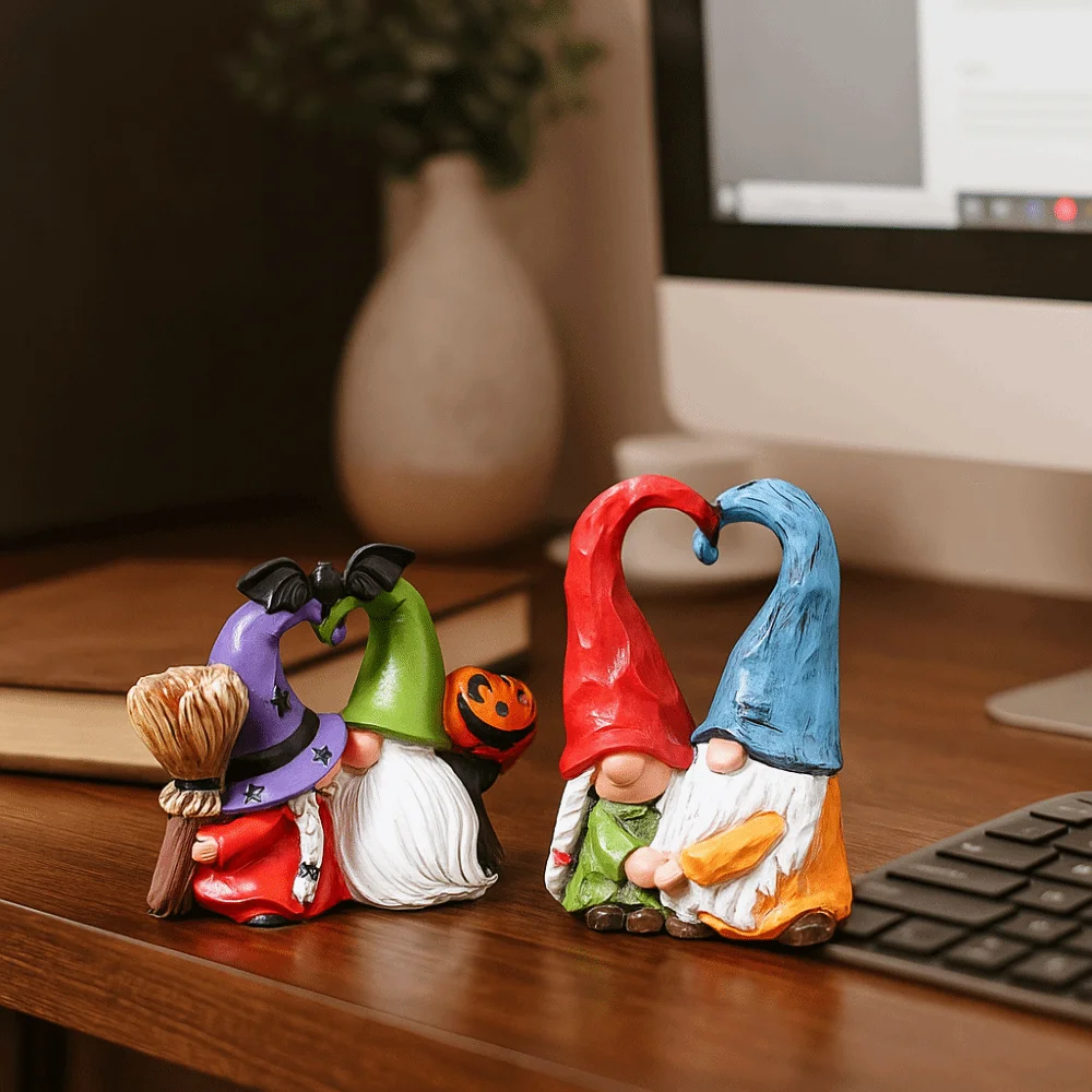 Resin Couple Dwarf Ornaments Handmad Statue Pumpkin Dwarf Figurine Sweet Love Collectible Dwarf Spirit Heart Shape Figurines