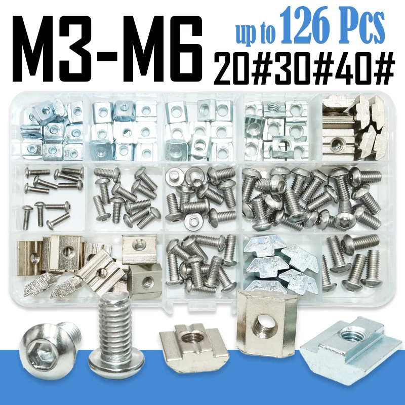 T-Slot Nut and Stainless Steel Hex Socket Screw 20/30/40 Profiles Thread Square Hammer Sliding T-Nut for 3D printer CNC Machines
