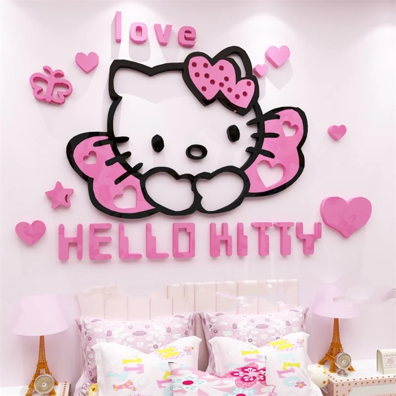 

Настенная Наклейка Hello Kitty, мультяшная 3D стерео акриловая наклейка для украшения стен, Детская гостиная, спальня, прикроватная декоративная наклейка