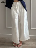Pantalon en coton et lin blanc pour femmes, jambes larges, formel, été, jambe droite, costume, taille haute, pantalon formel pour dames, ample 3