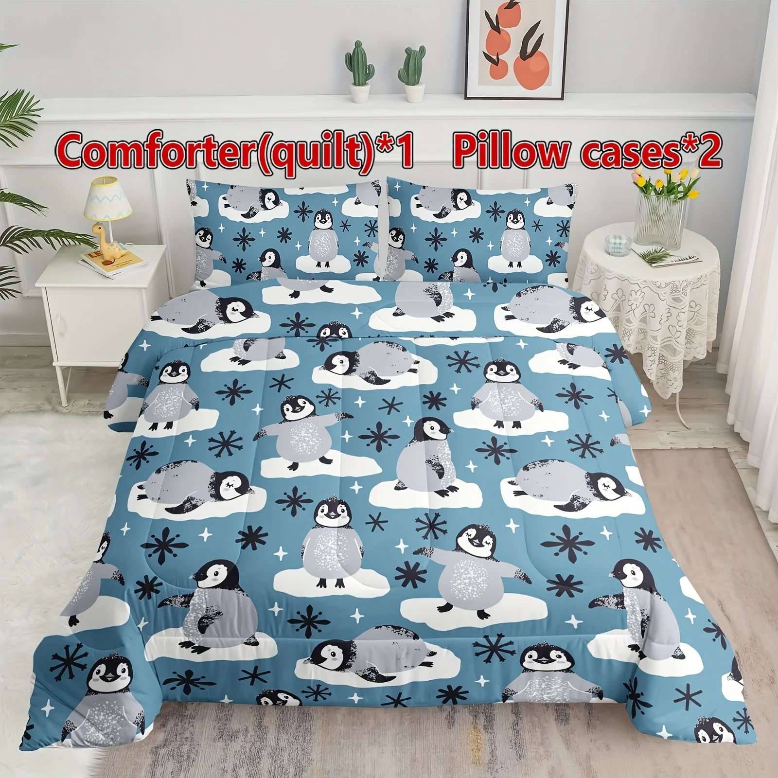 

3pcs Penguin Print Comforter Set For Boys And Girls, Soft Comfortable Skin-friendly Bedding Set, For Bedroom Guest Room Dorm (1*