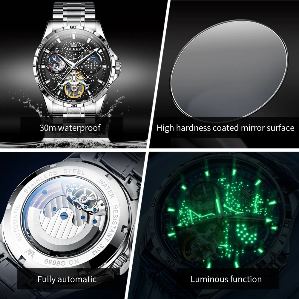 OLEVS Orologio Automatico Uomo Scheletrato: Meccanico A Carica Manuale, Tourbillon E Fasi Lunari, Acciaio Inox Con Diamanti - 5