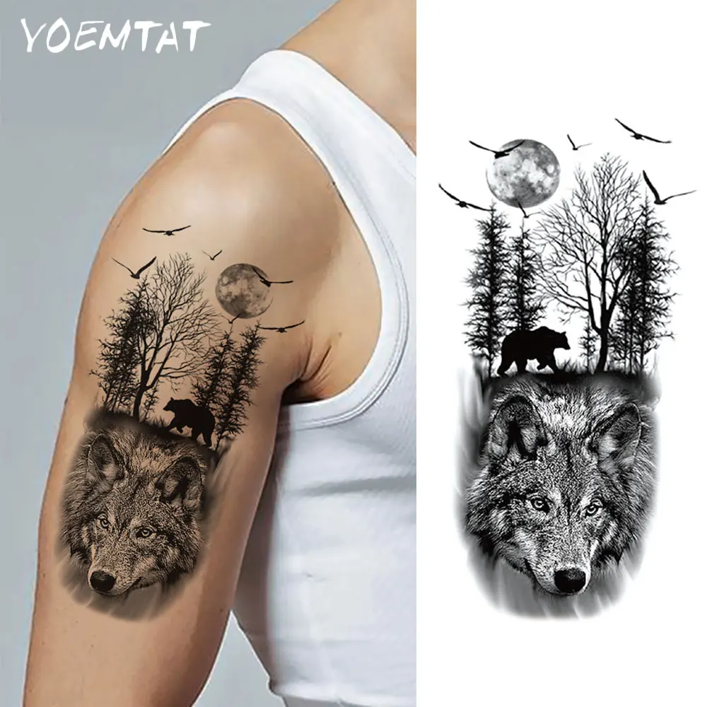 Waterproof Temporary Tattoo Sticker Realistic Animal Forest Wolf Bear Bird Moon Body Art Arm Fake Tattoos Sleeve Women Men Leg tattoo sticker