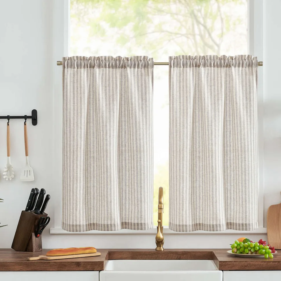 Linen Kitchen Curtains - Japanese Striped Short Rod Pocket Drapes