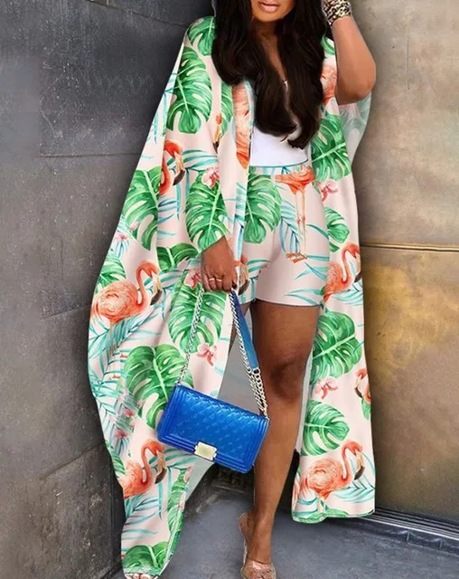 Abstract Print Batwing Sleeve Cardigan & Shorts Set Women Matching Sets Two Piece Set Top Shorts Suit Women Beach Wear Vacation
