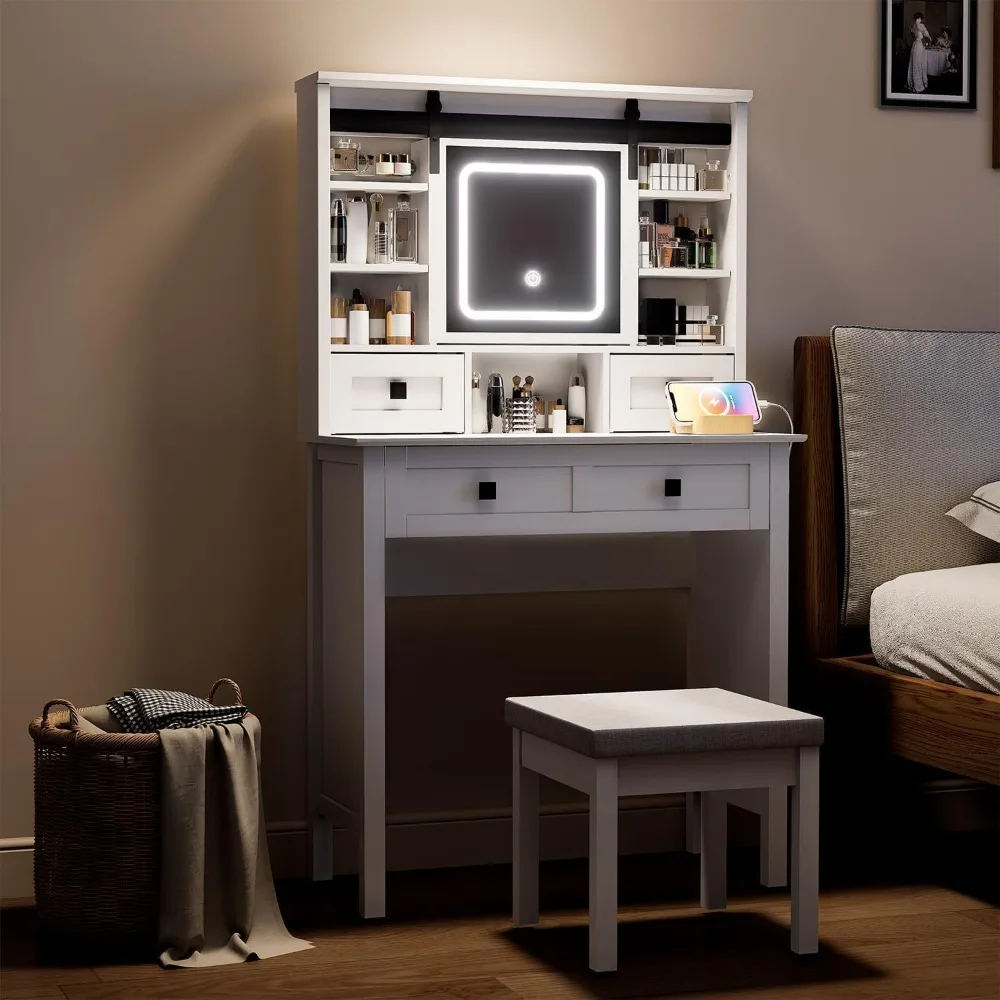 Farmhouse Makeup Vanity Desk with Sliding Mirror, Vanity Set with Stool & Charging Station & 3 Brightness Lights, Ample Storage, 6