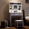 Farmhouse Makeup Vanity Desk with Sliding Mirror, Vanity Set with Stool & Charging Station & 3 Brightness Lights, Ample Storage, 6