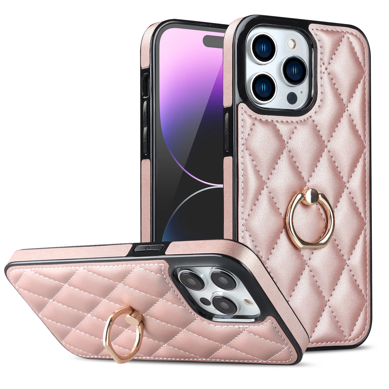 

Luxury Prismatic Leather Ring Holder Kickstand Case for iPhone 15 Pro Max, 14, 13, 12, 11, XR, XS, X, 8, 7 Plus, Shockproof