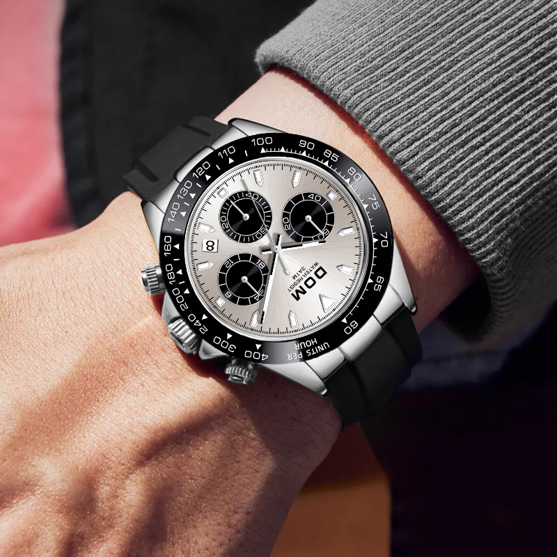DOM Multi function Quartz Watch Men Automatic Date Wristwatch Stainless Steel Silica gel Waterproof Sport Chronogra watch M-1568