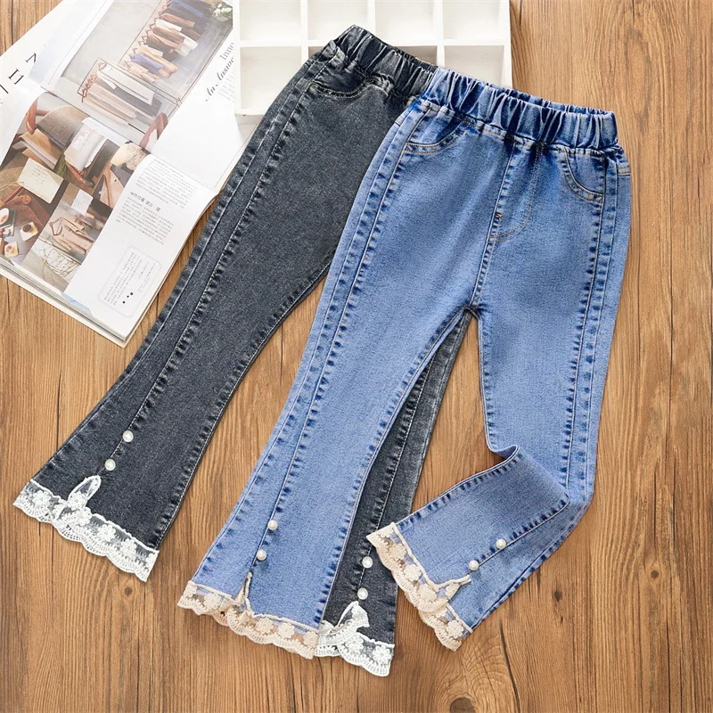 

Autumn Girls Jeans Fashion Lace Elastic Waistline Denim Flared Pants Solid Color Trousers Teenager Spring Kid Girl Clothes 1-12Y