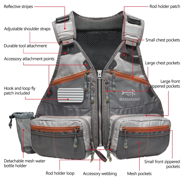 Bassdash FV07 Fly Fishing Vest for Men and Women Adjustable Size with  Detachable Water Bottle Holder