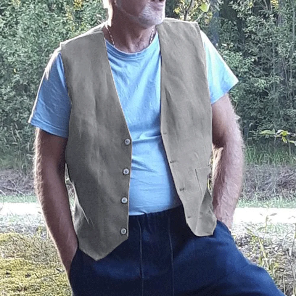 Casual Vest for Men Comfortable Linen Man Casual Fishing Sleeveless Vests Retro Waistcoat Male Summer Clothes Solid Color Design 3