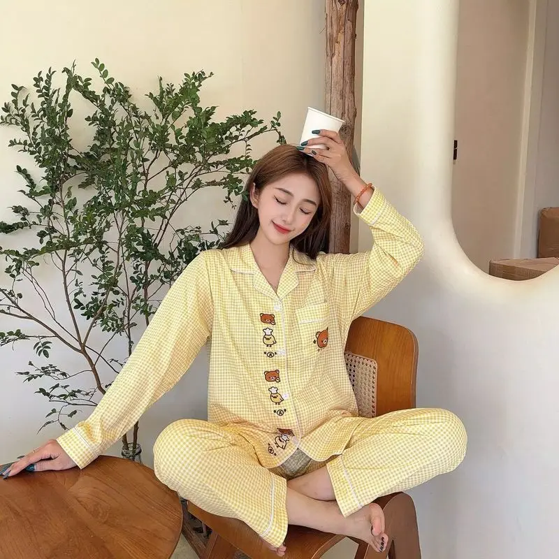 Cartoon Rilakkuma Long Sleeve Pajamas Suit Embroidered Workmanship Soft Comfortable Air-Conditioned Room Homewear_voghion.com