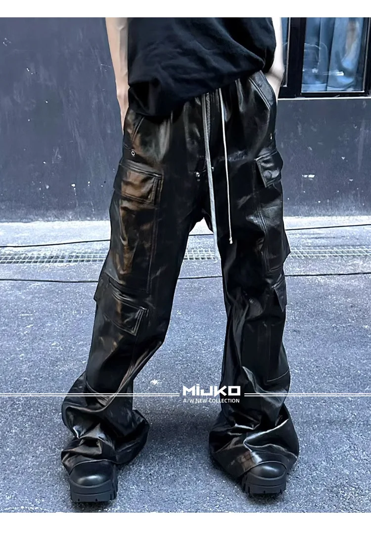 Description Picture 3 of itemHKSH Men's Tide Dark RO Style Glossy Coated Workwear Cargo Pants Unisex Wide Legged Black Casual Women Overalls Techwear HK0845