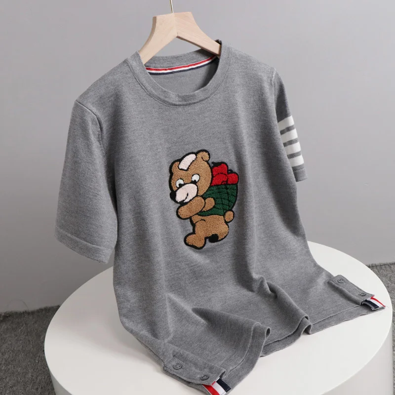 

Summer new cartoon bear embroidery striped TB sweet age-reducing knitted sweater pullover top thin section women