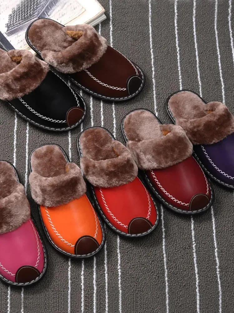 Warm cotton slippers indoor thick soled home shoes in winter Korean wool slippers for men and women couples leather slippers 3