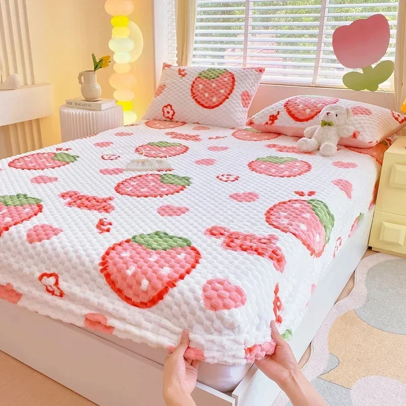 cartoon thickened bean fleece mattress printing winter warm fleece thickened protective cover brown cushion cover bedding