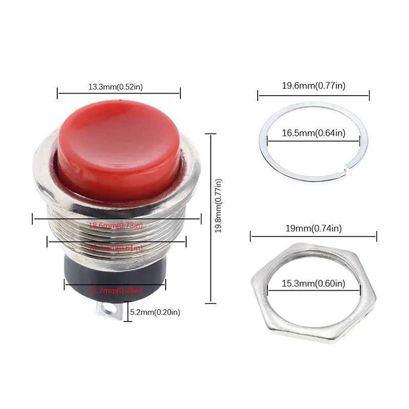 5/20PCS 16MM Power Switch Round Red Switch DS-212 Small Self-Reset Momentary Push Button Start Compound Button Power push button switch
