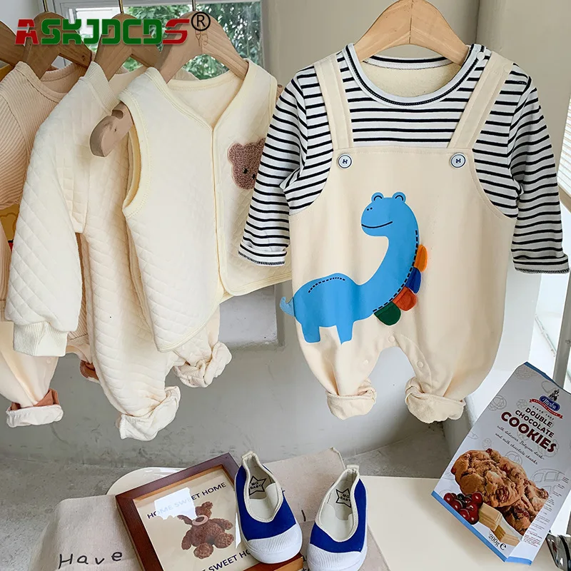 Autumn Newborn Kids Full Sleeve Striped Cartoon Dinosaur One-piece Infant Baby Jumpsuits 0-24M Toddler Boys Clothes Romper
