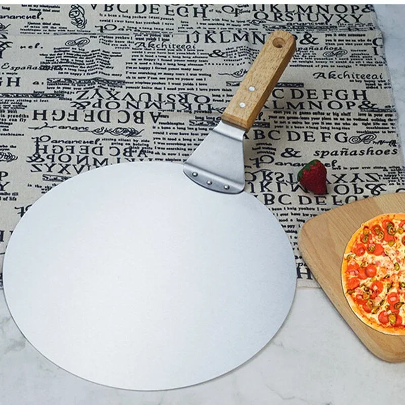 Anti-scalding Pizza Shovels Wooden Handle Round Paddle Spatula Stainless Steel Cake Pastry Baking Tool Kitchen Accessories