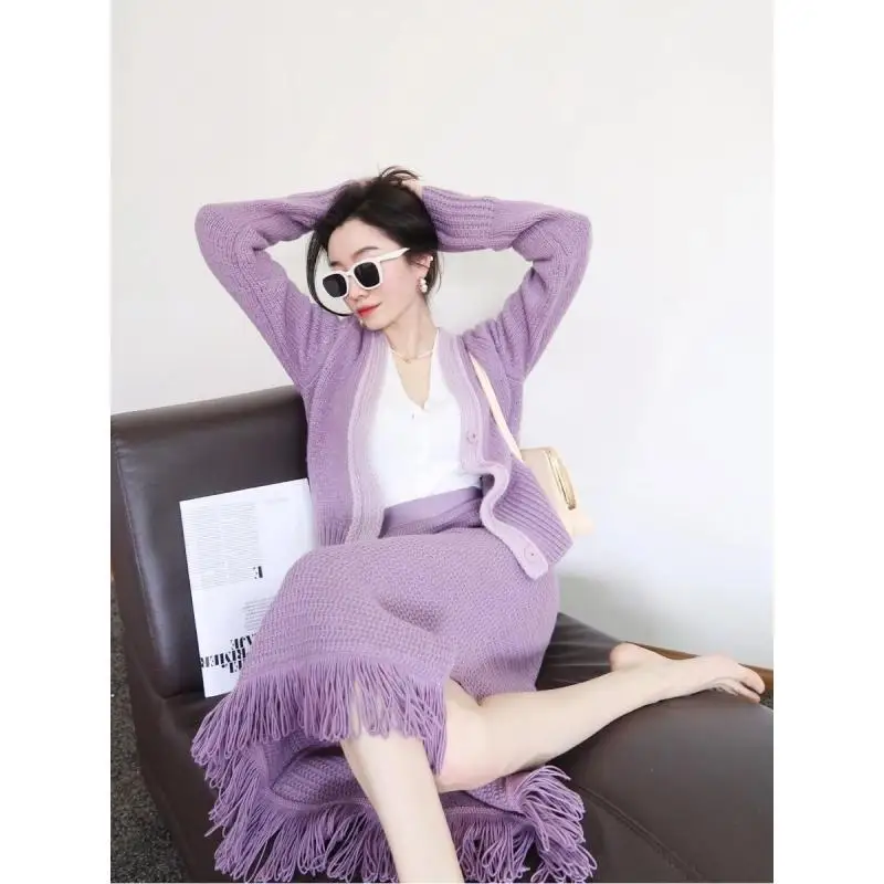 Xiaoxiangfeng Commuter Casual Purple Knitted Cardigan Sweater Coat Women's Spring Autumn Tassel Half Skirt Two Piece Set