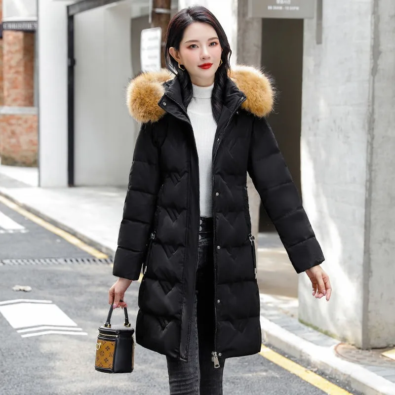 2023 New Women Down Jacket Winter Coat Female Mid Length Version Parkas Slim Fit Thick Warm Outwear Hooded Fur Collar Overcoat