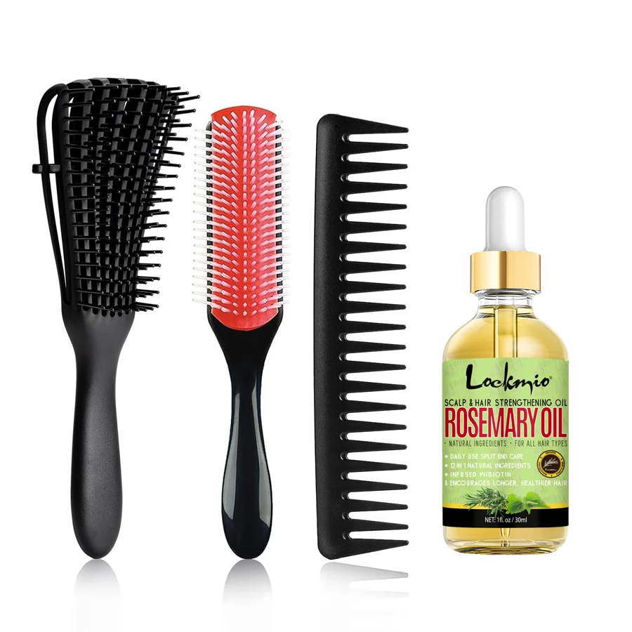 LOCKMIO Rosemary Hair Growth Oil with Curly Hair Brush Detangler Brush Wide Tooth Comb 9 Row Nylon Bristle Scalp Care Set