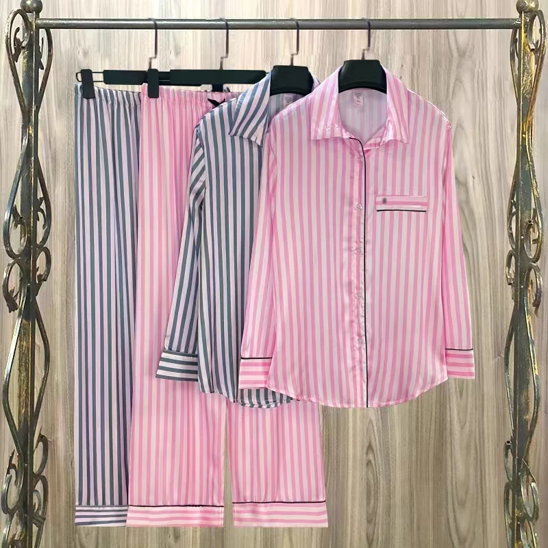 Autumn 2 Pieces Women's Pajamas Sets ice Silk Striped Cardigan Pyjama Women's Pajamas Sleepwear Sets Spring Summer VS Homewear