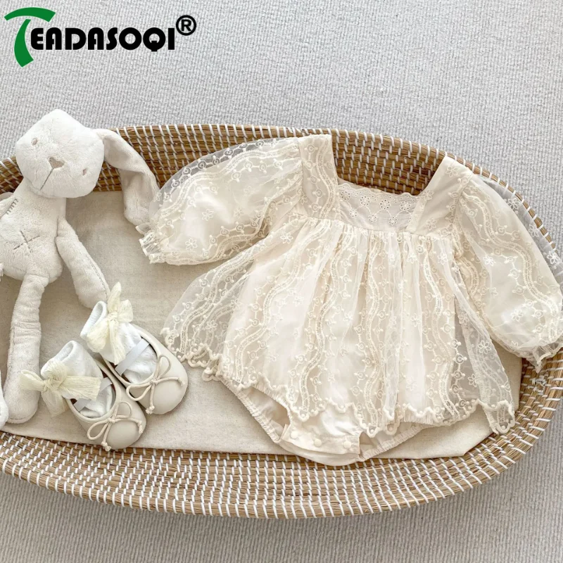 

Newborn Baby Girls Autumn Full Sleeve Embroidery Mesh One-Piece Overalls - Toddler Cotton Bodysuits White Dance Dress 0-2Y