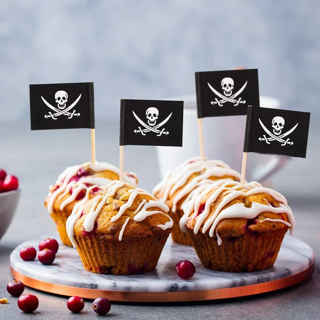 50-Pack Pirate Flag Cake Toppers - Skull & Crossbones Toothpick Flags For Party Decor