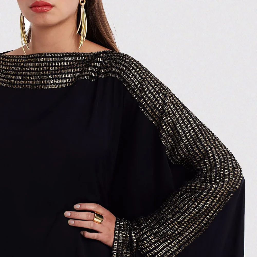 Arab Elegant Loose Solid Robe Muslim Hui Dubai Gold Stamping Bat Long Sleeve Ladies Kaftan Spring Oversized Women's Black Dress