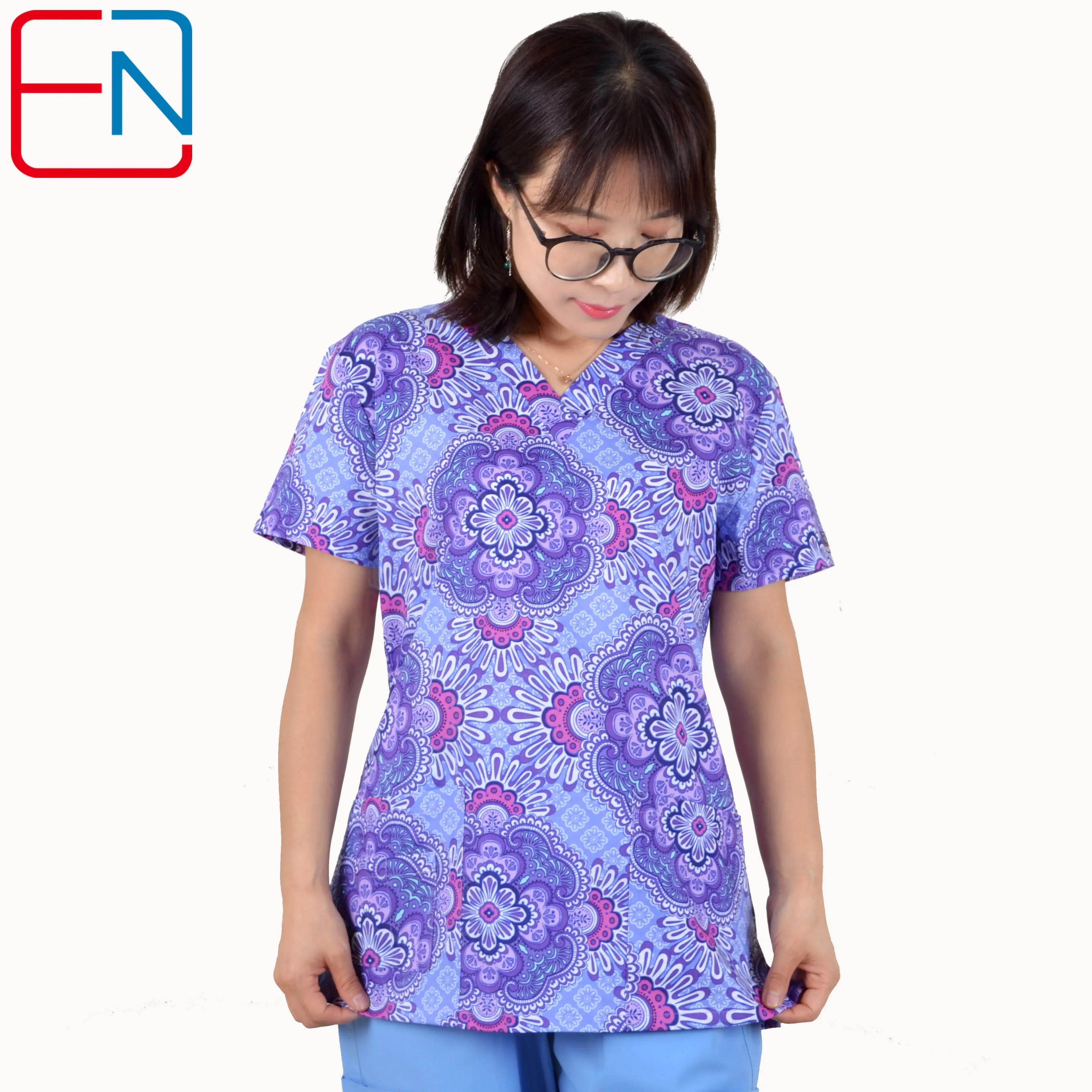Brand scrub uniform tops for women in 100% print cotton 4 pockets,XXS-5XL