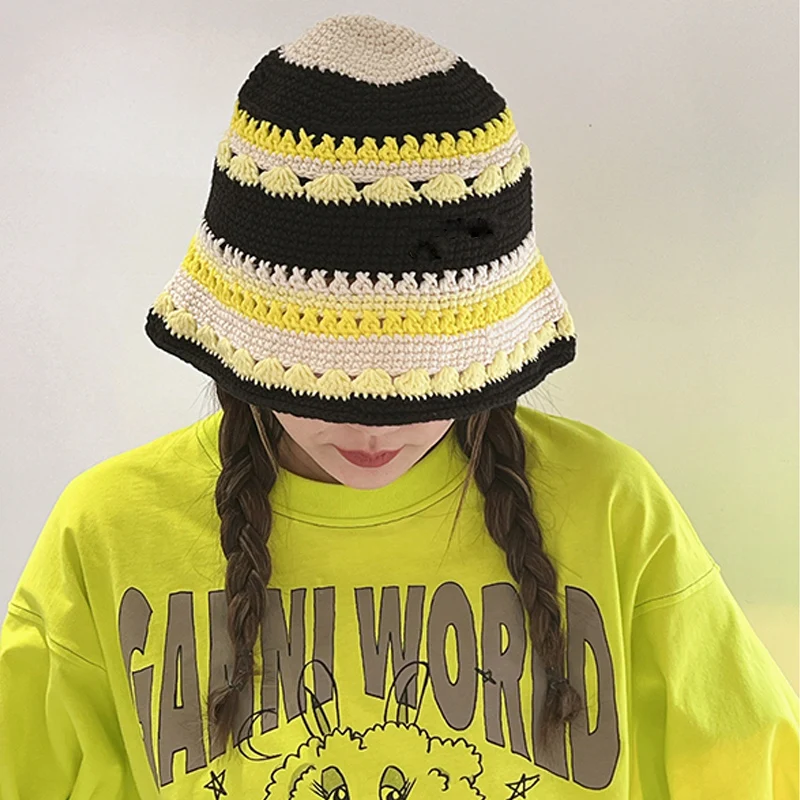 Women Crochet Bucket hat  Handmade  Summer Knit Hat Striped Beanie  Beach hat woman  designer luxury 2