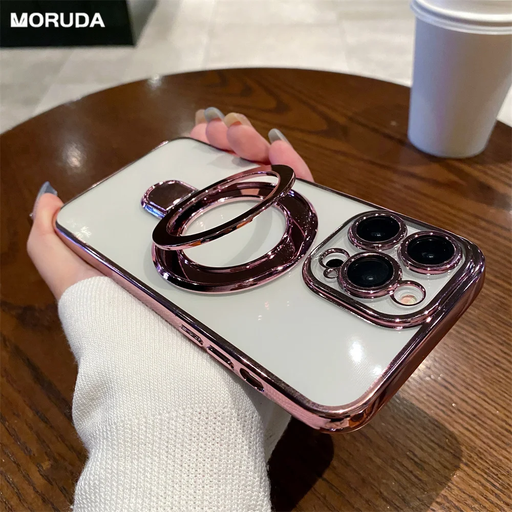 아이폰 15 프로 맥스용 맥세이프 거치대 케이스, 도금 클리어 커버, 아이폰 11 프로 X Xs 맥스 Xr 7 8 SE2 12 13 미니 14 프로 맥스 커버 