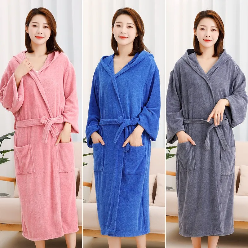 Winter Thick Kimono Bathrobe Gown Sleepwear Couples Quick Dry Hooded Robe Nightwear Loose Men And Women Sauna Lounging Home Wear