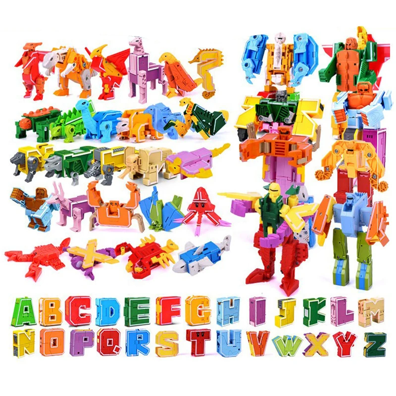 Educational Learning Toy Alphabet Educational Toys 26 GUDI English Letter Learn A-Z Alphabet Transformation Robot Dinosaur Deformation Animal Action Figures Building Block Toys