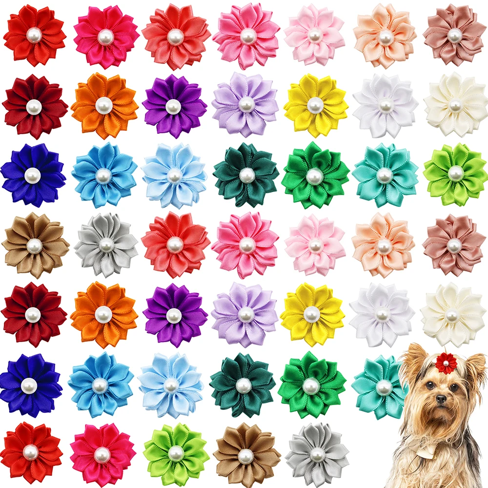 50/100/200 Pcs Flower Rubber Band Dog Hair Bows Cat Hair Accessories With Pearl Puppy Cat Dog Grooming Hair Bows Pet Topknot Bow girls hair bows hair accessories snow white hair band handmade red bow headband fabric bow tie net red hair band headdress