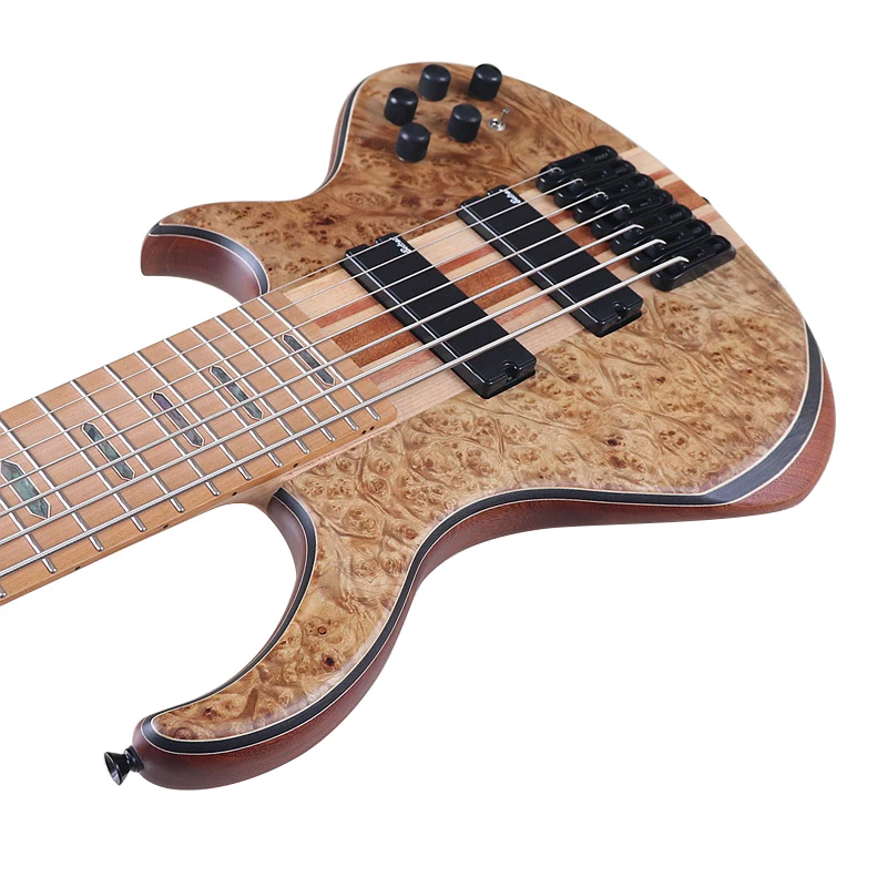 Tree Burl Top 7 String Electric Bass Guitar 43 Inch Active Guitar Neck Through Solid Okoume Wood Body High Grade