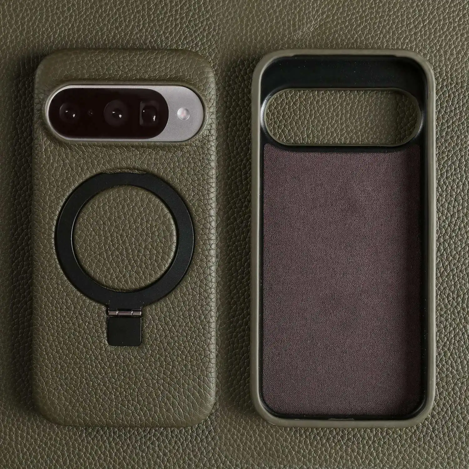 Genuine Leather Magnetic Ring Stand Phone Case with Stand & Magnetic Back Cover