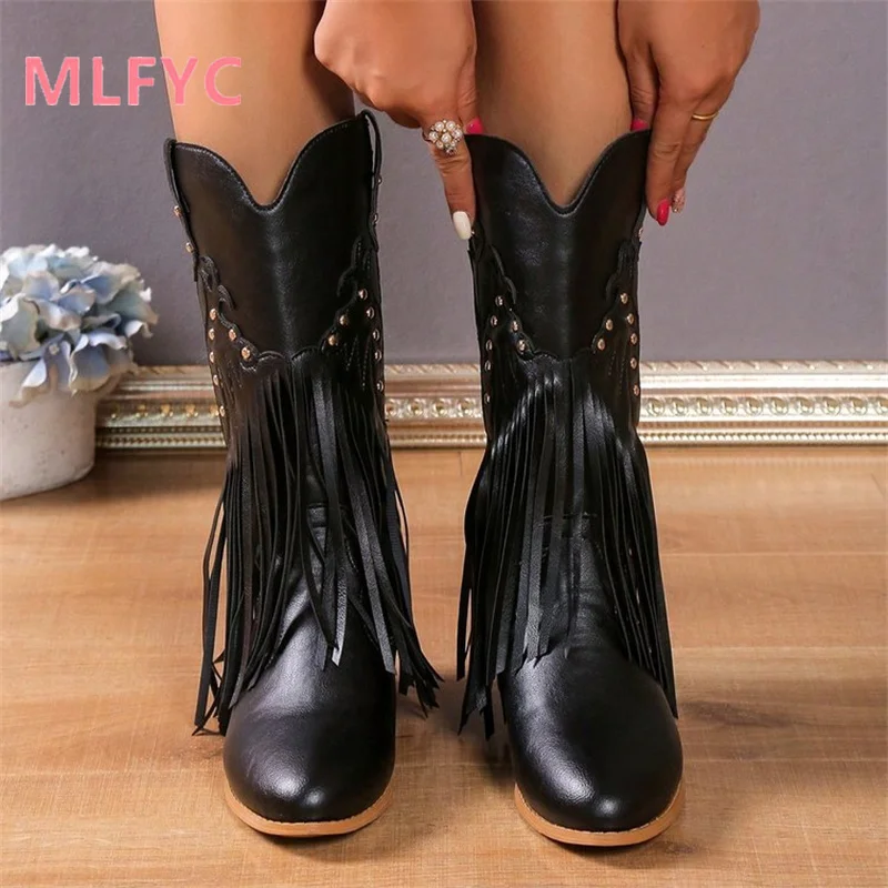 Europe and America Vintage Tassel Boots 2023 Autumn/Winter New Rivet Mid Barrel Boots Large Knight Boots Mujer