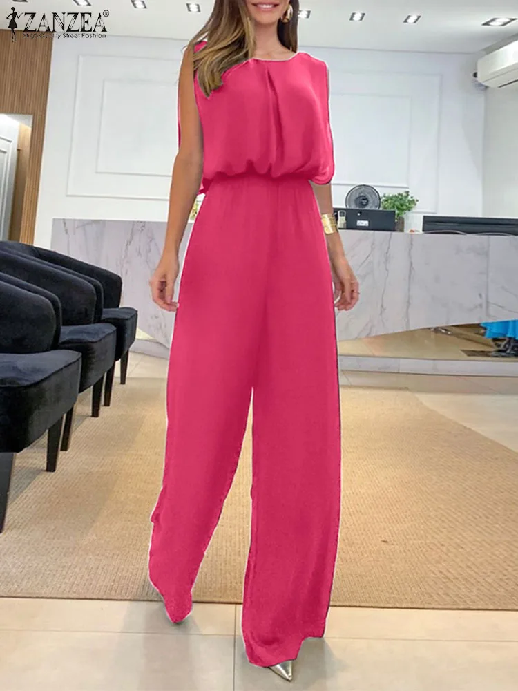 

ZANZEA Summer Elastic Waist Long Romper Wide Leg Elegant Jumpsuit Sleeveless Casual Playsuit Women Solid Color Fashion Overalls