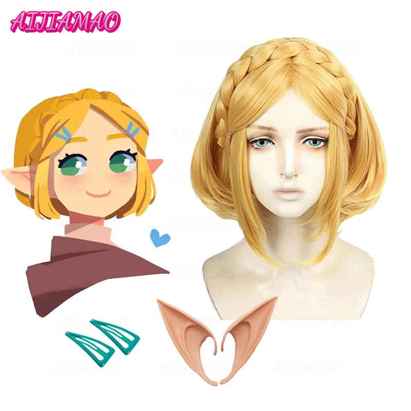 Gioco Breath Of The Wild Princess Zelda Parrucca Cosplay Parrucche Corte Resistenti Al Calore + Cappuccio Parrucca