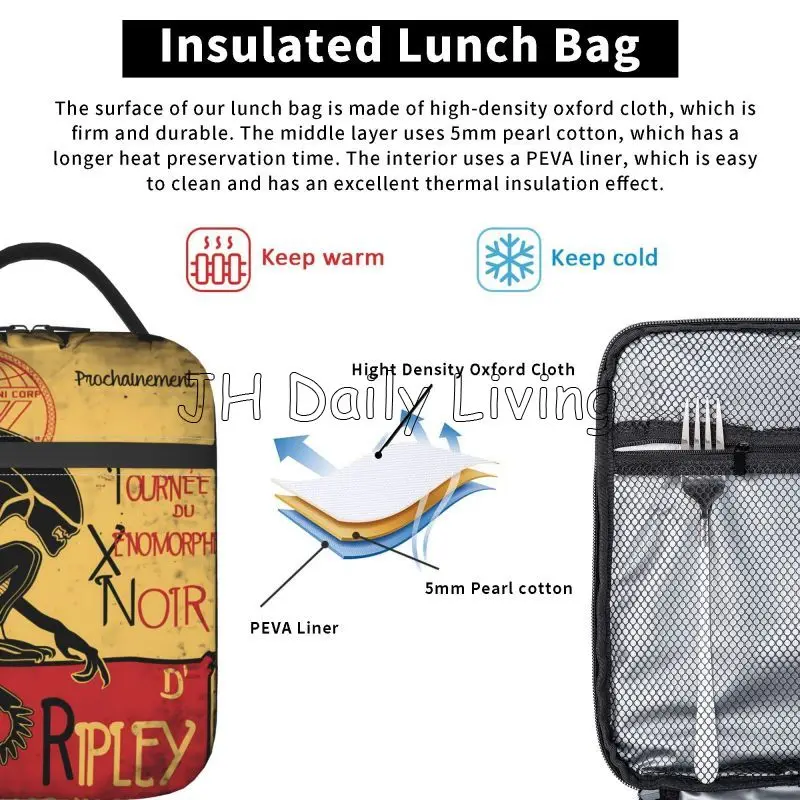 Vintage Tournee Du Xenomorphe Noir Essential Insulated Lunch Bag Alien Ellen Ripley Portable Waterproof Thermal Cooler Tote Bags