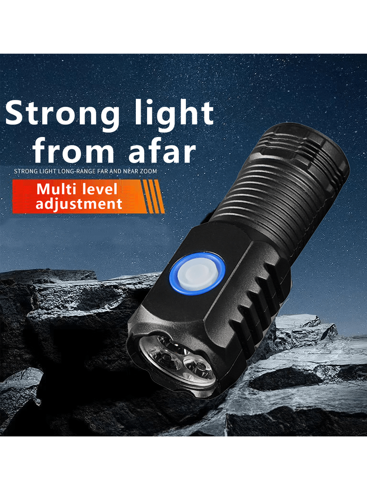 Mini LED USB rechargeable flashlight, 3 LED wicks, clip on light, five lighting modes, made of high hardness ABS material, compa