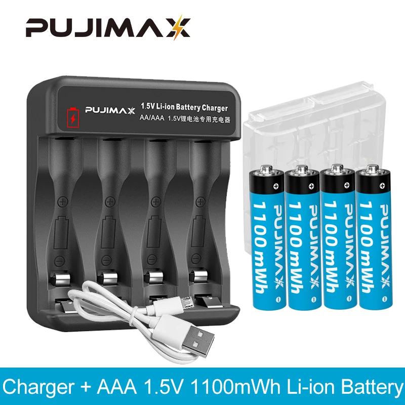 PUJIMAX Portable Battery Charger With AAA 1.5V 1100mWh LithiumSmart Lithium 4Pcs  Battery Constant Voltage Charging Safe Durable