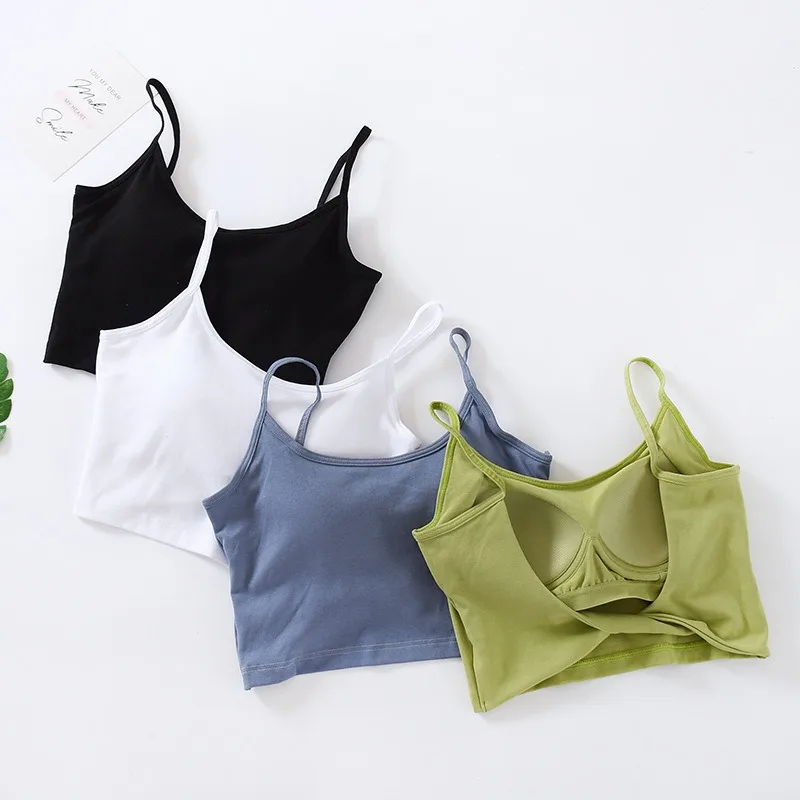 

Women Crop Tops Summer Tanks Top Female Cotton Underwear Fashion Twist Back Cami Padded Top Beauty Back Removable Pads Camisoles